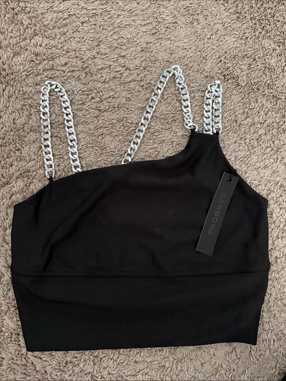 Carbon38 Black One-Shoulder Crop Top with Silver Chain Straps
